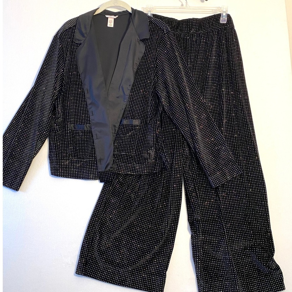 Victoria's Secret Black Velvet Glitter Dot Pajama Set Blazer Wide Leg Pants XL